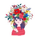 Illustration of a spring girl in a wreath of flowers. Vector. Illustration for banner, greeting card. Picture for March 8 and
