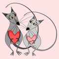 Illustration on a square background - stylized mouse lovers - graphics. Valentines Day, gift, congratulations, love.