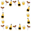 Illustration square frame background of mugs, bottles of beer and sausages with ketchup on a fork. for the oktoberfest