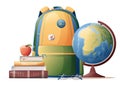 Illustration of a stack of books, a backpack and a globe. School theme, study, education. Back to school, knowledge day Royalty Free Stock Photo