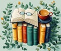 Illustration of a Stack of Books with a Cup of Tea and Glasses on Top Royalty Free Stock Photo