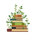 Stack of books with a vine of green leaves illustration on white background Royalty Free Stock Photo