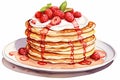 Illustration of a stack of delicious pancakes decorated with raspberries, whipped cream and maple syrup, honey.