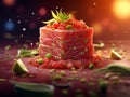 Illustration of a stack of raw tuna steaks or tuna sashimi slices, japanese style. Close up of fresh raw tuna sliced and served