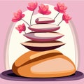 Illustration of a stack of stones and flowers on a pink background Generative AI