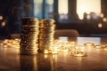 Illustration of stacked casino tokens on glittering table with blurred light background.