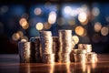 Illustration of stacked casino tokens on glittering table with blurred light background.