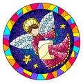 Stained glass illustration with an abstract angel in pink robe , round picture frame in bright