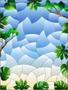 Stained glass illustration with abstract background image, leaves and branches, tropical plants on blue sky background