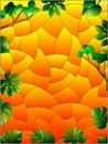 Stained glass illustration with abstract background image, leaves and branches, tropical plants on orange sky background