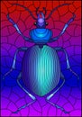 Stained glass illustration with blue beetle on a bright background, the rectangle image