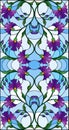 Stained glass illustration with abstract blue flowers on a blue background,vertical orientation