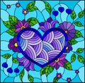 Stained glass illustration with abstract blue heart and flowers on blue background Royalty Free Stock Photo
