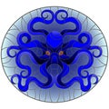 Stained glass illustration with abstract blue octopus against a blue sea ,round picture