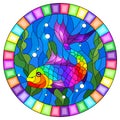 Stained glass illustration with an abstract bright fish on the background of water and algae, oval image