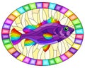 Stained glass illustration with abstract bright sea bass on a yellow background, oval image in bright frame