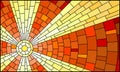 Stained glass illustration with abstract celestial landscape, sun with rays against the sky