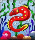 Stained glass illustration with abstract colorful exotic red fish amid seaweed, coral and shells Royalty Free Stock Photo