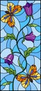 Stained glass illustration with abstract curly purple flower and an orange butterfly on blue background , vertical image Royalty Free Stock Photo