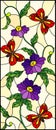 Stained glass illustration with abstract curly purple flower and an red butterfly on yellow background , vertical image Royalty Free Stock Photo