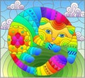 Stained glass illustration with abstract cute rainbow cat on a blue background, square image Royalty Free Stock Photo