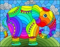 Stained glass illustration with abstract cute rainbow elephant on a blue sky background with clouds Royalty Free Stock Photo