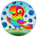 Stained glass illustration with abstract cute rainbow parakeet on a sky background