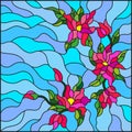 Stained glass illustration with abstract flowers, leaves and swirls, on blue background Royalty Free Stock Photo