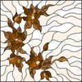 Stained glass illustration with abstract flowers, leaves and swirls, monochrome,tone brown