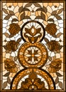 Stained glass illustration with abstract flowers, swirls and leaves on a light background,vertical orientation, tone brown, vert