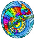 Illustration in stained glass style with abstract geometric rainbow chameleon, oval image