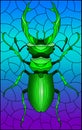 Stained glass illustration with green beetle deer on a blue background, the rectangle image