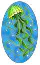 Stained glass illustration with  abstract green  jellyfish against a blue sea and bubbles, oval image Royalty Free Stock Photo