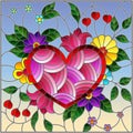 Stained glass illustration with abstract heart and flowers on blue background Royalty Free Stock Photo