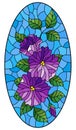 Stained glass illustration with  abstract intertwined purple flowers and leaves on blue background,vertical orientation, oval imag Royalty Free Stock Photo