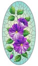 Stained glass illustration with abstract intertwined purple flowers and leaves on blue background,vertical orientation, oval image Royalty Free Stock Photo