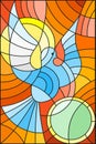 Stained glass illustration with abstract pigeon and the sun on orange background