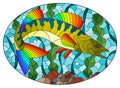 Stained glass illustration with an abstract pike perch fish on a background of algae, air bubbles and water, oval image