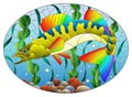 An illustration in stained glass style with an abstract pike perch fish on a background of algae, air bubbles and water Royalty Free Stock Photo