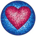 Stained glass illustration with abstract pink heart on blue background, round image Royalty Free Stock Photo