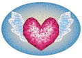 Stained glass illustration with  an abstract pink heart with wings on a blue background, oval image Royalty Free Stock Photo