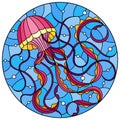 Stained glass illustration with abstract pink jellyfish against a blue sea and bubbles, round image Royalty Free Stock Photo