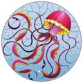 Stained glass illustration with abstract pink  jellyfish against a blue sea and bubbles, round image Royalty Free Stock Photo