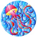 An illustration in stained glass style with abstract pink jellyfish against a blue sea and bubbles, round image Royalty Free Stock Photo