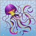 Stained glass illustration with abstract purple jellyfish against a blue sea and bubbles, square image