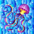 An illustration in stained glass style with abstract purple jellyfish against a blue sea and bubbles