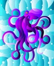 Stained glass illustration with abstract purple octopus against a blue sea and bubbles