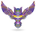 Stained glass illustration with abstract purple owl, bright bird isolated on white background