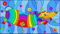 Stained glass illustration with abstract rainbow Dachshund dog on blue background