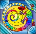 Stained glass illustration with abstract rainbow lizard on blue background